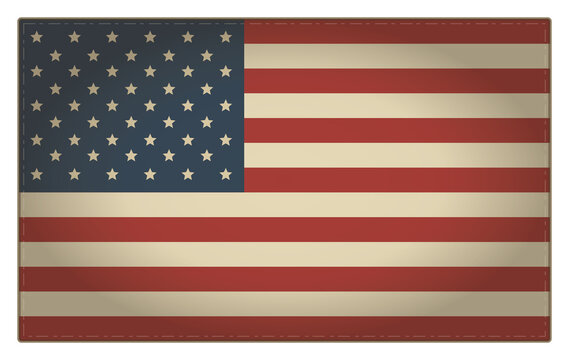 Vintage American flag illustration with stars and stripes featuring a stitched edge and rustic fabric texture on a transparent background.