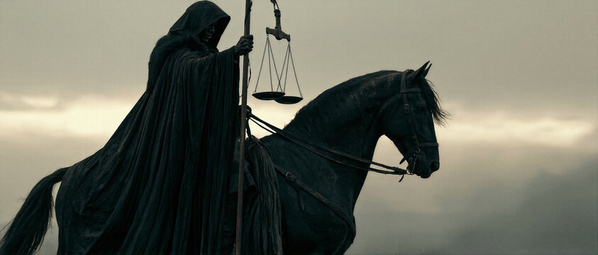 The breaking of the Third Seal: a rider on a black horse holding scales of famine