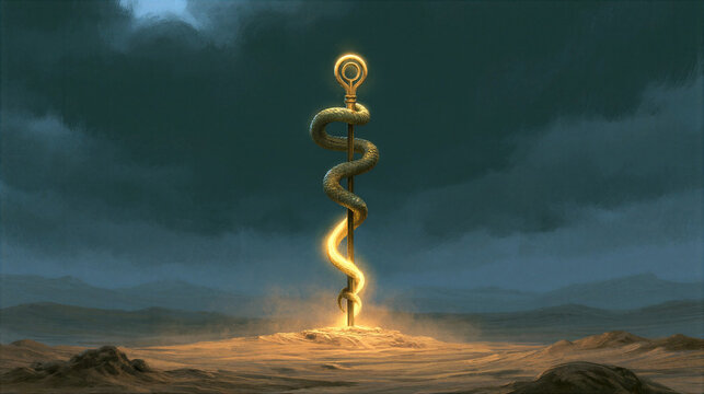 The bronze serpent lifted high in the desert with glowing healing light