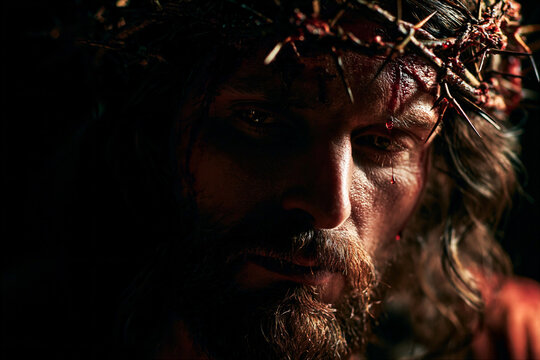 The brutal crown of thorns pressed onto the head of Jesus with drops of blood