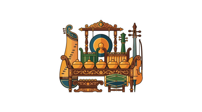 Detailed Indonesian Gamelan ensemble with rebab and gong.