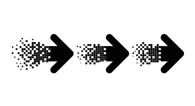 Black arrows dissolving into pixelated dots and digital fragments, symbolizing data loss or transition