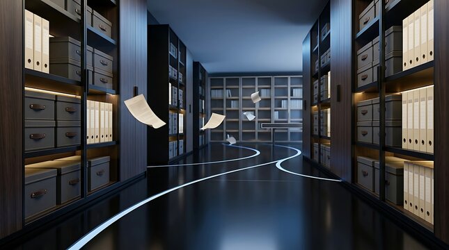 Futuristic digital archive with flying papers and glowing floor lines