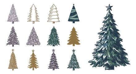 Obraz premium Hand-Drawn Collection of Festive Christmas Trees in Various Styles and Colors for Holiday Decorations