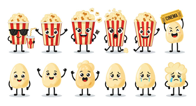 Cute popcorn mascot character set, 12 cartoon popcorn bucket and kernel icons with various emotions, movie theater snack vector illustrations