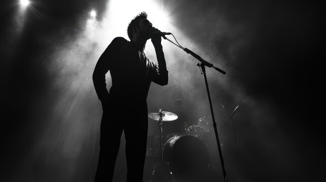 Male performer singing on stage in dramatic black and white lighting