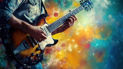 Fototapeta premium Abstract blue painting of a male guitarist with hat playing acoustic guitar