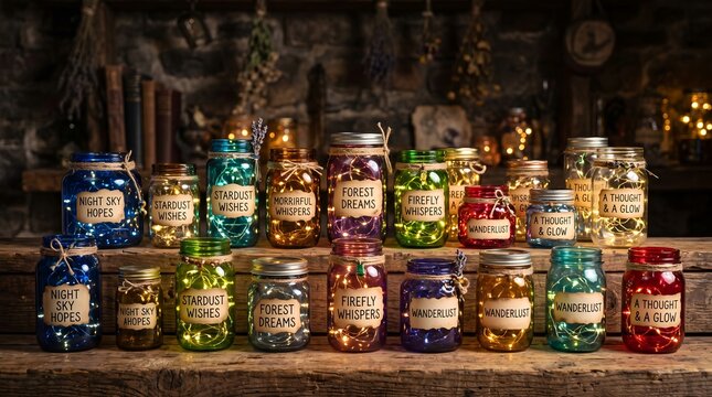 Colorful glass jars filled with glowing fairy lights and whimsical labels resting on a rustic wooden shelf.