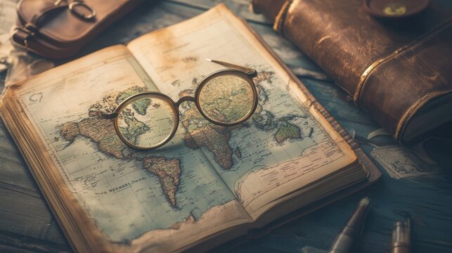 Vintage travel suitcase and antique map in rustic setting