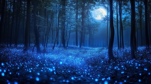 Enchanting forest at night with glowing blue lights and full moon