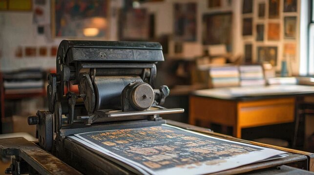 Vintage printing press in dimly lit workshop with antique posters and documents