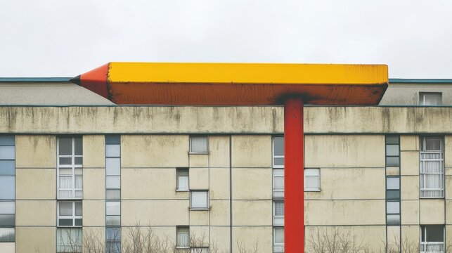 Giant yellow pencil sculpture on urban sidewalk with trees and buildings
