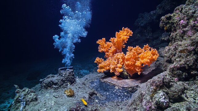 Vibrant orange coral in dark underwater cave with bubbles rising