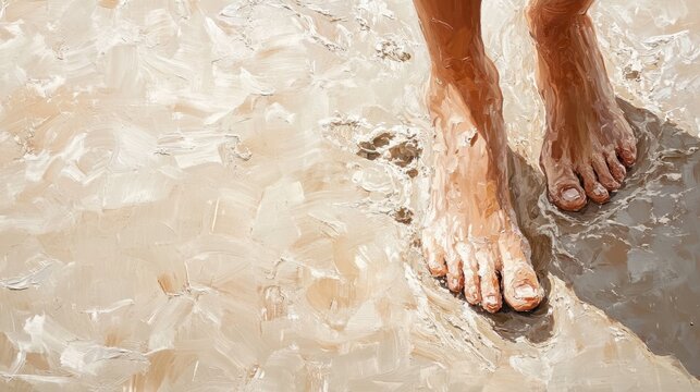 Walking on sandy beach near ocean waves in bright sunlight