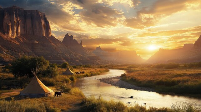 Indigenous tribe in desert landscape with traditional shelters