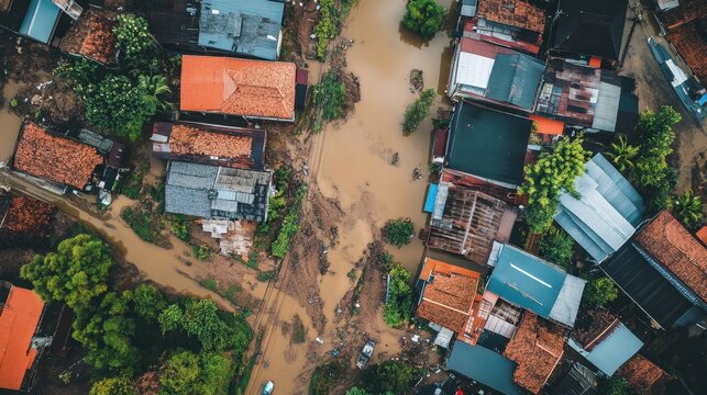 Flooded street in tropical town with severe water damage and flooding