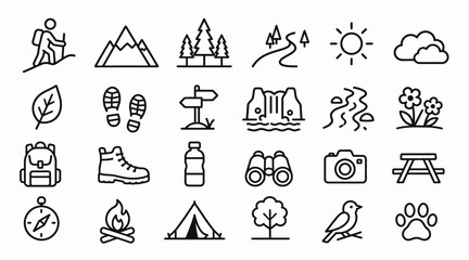 Fototapeta premium Outdoor Adventure and Camping Line Art Icons Set.