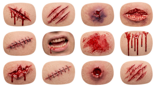 Halloween fake wounds and scars. Realistic injury makeup on a isolated transparent background png