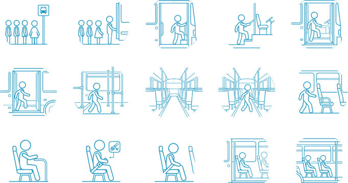 Public Bus Transit Rules Line Art Icon Set with Passengers Queueing Boarding Steering Seating and Commuting Elements for Transportation Safety Graphic Designs