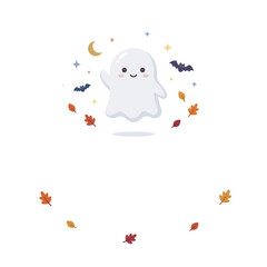 Naklejka premium Cute cartoon ghost with autumn leaves and bats