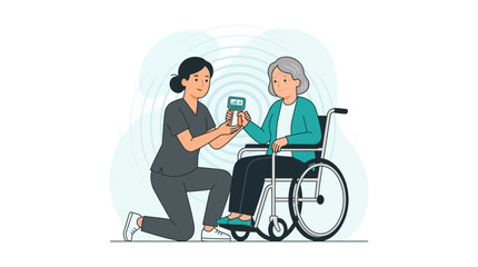 Fototapeta premium Nurse teaching elderly patient in wheelchair how to use a pulse oximeter for health monitoring, flat vector illustration