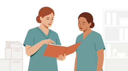 Fototapeta premium Nurse team collaborating, reviewing patient chart in hospital office with medical records and shelves