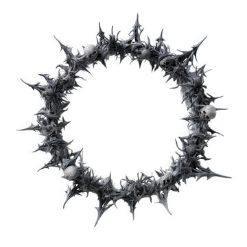 Dark gothic crown of thorns with skulls and spiders, intricate horror wreath isolated on transparent background