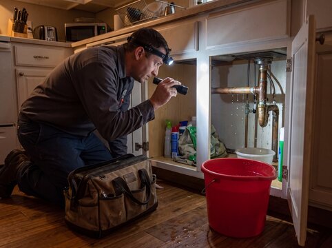 Plumber inspecting leaking copper pipe beneath a kitchen cabinet