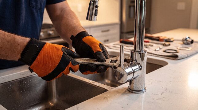 Plumber wearing protective gloves tightening a chrome kitchen faucet