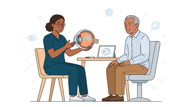 Ophthalmologist Explains Eye Anatomy Model to Elderly Patient