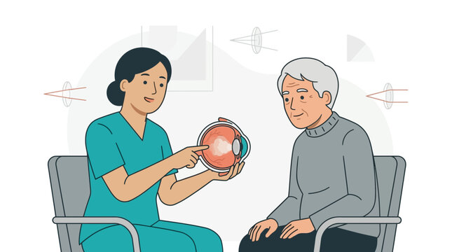 Ophthalmologist Explains Eye Anatomy Model to Senior Patient