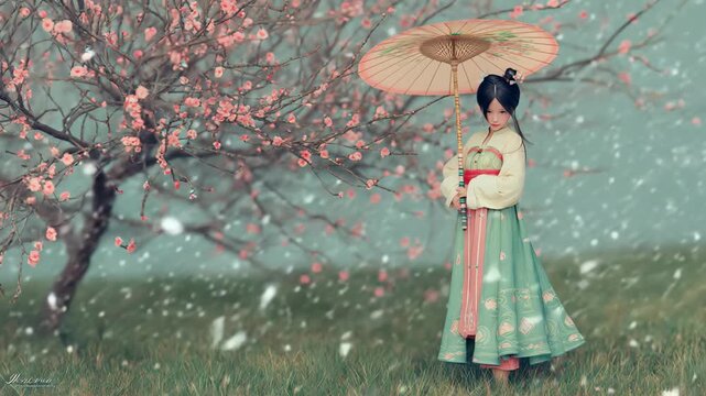 A young Asian woman stands under a pink parasol near a cherry blossom tree. She wears a traditional green hanbok. Soft petals fall around her in a serene setting.