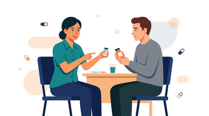 Fototapeta premium Healthcare professional counseling patient about medication and nutrition. Vector illustration of doctor advising patient on pills and healthy lifestyle.