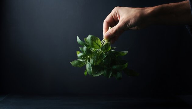 A hand holding a fresh bunch of green basil leaves against a dark background.