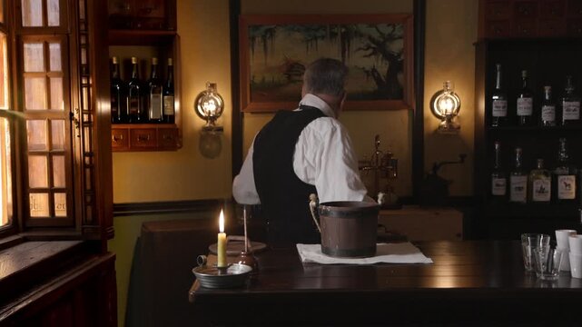 Saloon keeper washing shot glasses