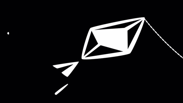 An abstract animation of a flying paper kite, moving slightly from side to side on a string, with air currents passing by it, against a transparent background.
