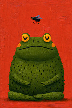 a whimsical painting showcasing a frog sleeping with a big belly and a fly hovering over its mouth