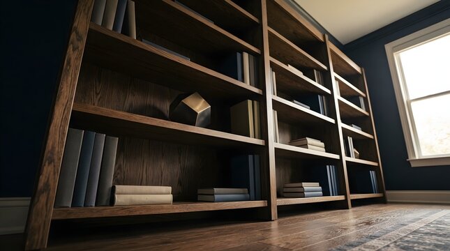 Empty oak bookcase with sculpture a i to of in on at by up do as is it for the and graphic