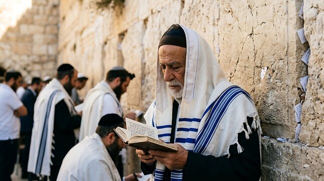 Religious jewish man praying at the western wall in jerusalem with a tallit shawl and holy book