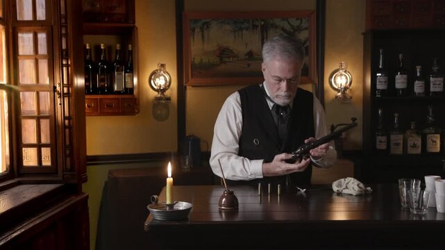 Saloon keeper unloading pistol