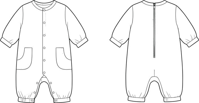 Technical flat sketch of baby romper, front and back views with snap buttons, zipper, patch pockets, and cuffed sleeves
