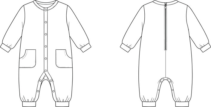 Technical flat sketch of baby romper, front and back views with button and zipper closures, patch pockets, and snap crotch
