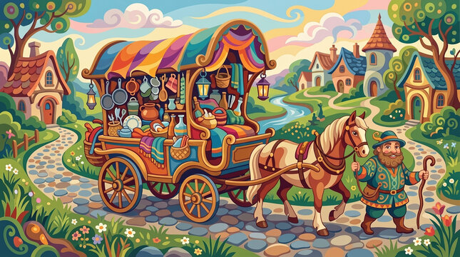 whimsical, storybook horse-drawn merchant cart on a country cobblestone path Graphic style illustration