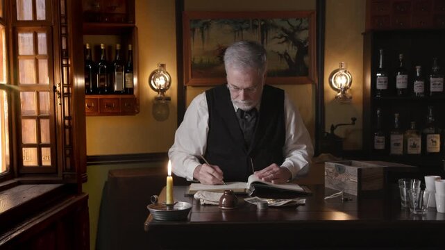Saloon keeper writing in account ledger with dip pen