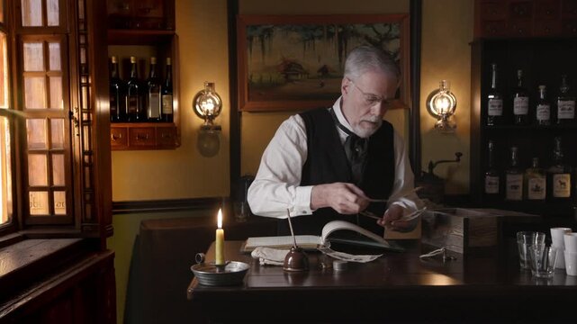 Saloon keeper puts paper money in bank bag