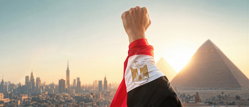 Man raising fist covered with Egypt flag against background of Giza pyramids and Cairo cityscape. Celebration of Egypt Revolution Day. Banner with copy space