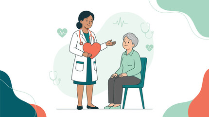 Fototapeta premium Doctor consulting with an elderly patient, healthcare, senior citizen care, and heart health concept, vector illustration