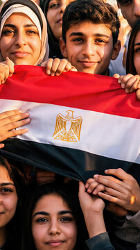 Happy Egyptian youth holding national flag during Revolution Day celebration. Group of young man and woman demonstrating patriotic pride. Unity, independence, culture and freedom concept.
