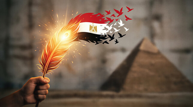 Hand holding glowing feather transforming into Egypt flag dissolving into birds. Symbolic representation of Revolution Day. Conceptual artwork celebrating history, national pride and freedom in Egypt.