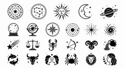 Black and white astrology and zodiac symbol collection. © PS STOCK